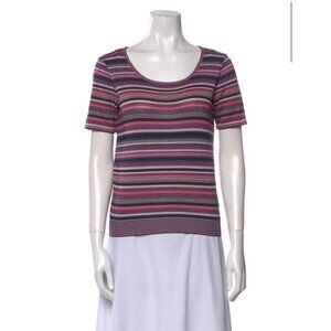 Missoni Sport Authentic Pink Black Blue Striped Knit Short Sleeve Top Medium